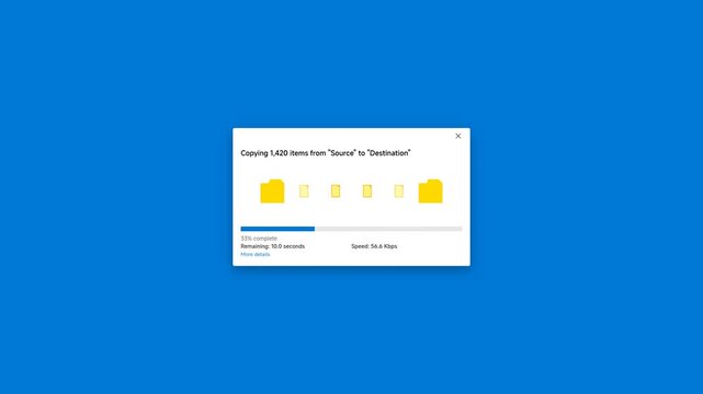 File copy progress bar illustrates the movement of multiple items from a source folder to a destination folder on a blue screen.