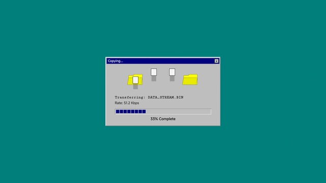 Computer interface displays a file copying progress bar between two yellow folder icons on a solid teal background.