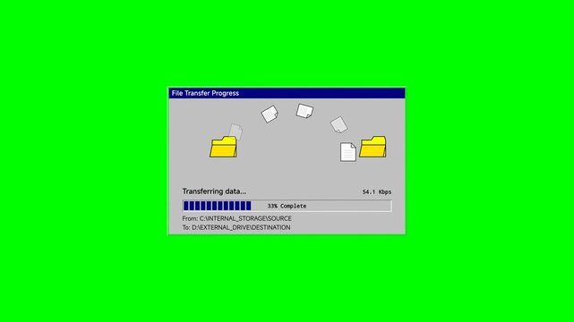 Data transfer window shows a process bar with documents moving between yellow folders against a vibrant green screen background.