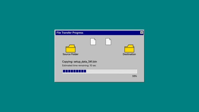 File transfer progress window displays the status of a setup data file moving between two yellow folders with a blue progress bar showing that the operation is currently underway.