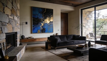 Obraz premium Featuring charcoal velvet sofa sitting on rug in living room, facing coffee table and fireplace
