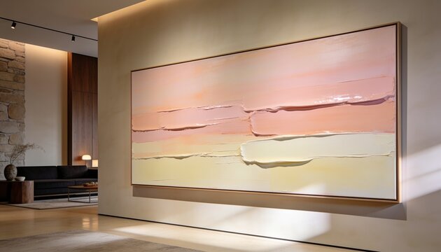 Hanging large framed abstract painting dominating open-plan living room wall, with sofa and vase