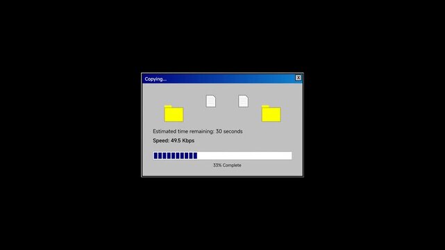 Progress bar displays active file copying procedure with yellow folder icons and a blue status indicator on a classic computer interface, providing ample copy space for custom software design.