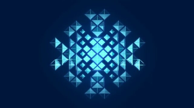 Glowing futuristic geometric snowflake on dark blue background with cyan light winter digital abstract design