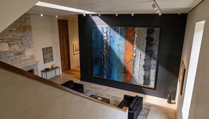 Obraz premium Displaying large abstract painting on dark wall in mezzanine room, with two sofas, coffee table