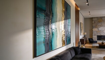 Obraz premium Displaying large framed abstract painting left-center in living room, showing charcoal sofa