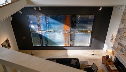 Obraz premium Displaying textured multipanel artwork catching diagonal light from mezzanine, with sectional sofa