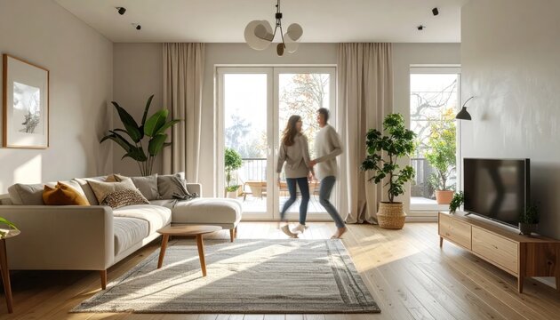 Young Couple Dancing Joyfully in a Bright, Modern Living Room.