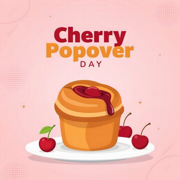 Cherry Popover Day Social Media Post Cherry Pie Dessert Cartoon Illustration Sweet Food Holiday Banner Template Creative Design Minimal Background