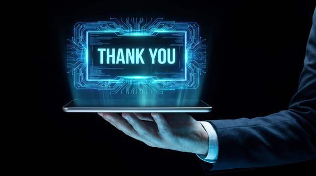 Business professional holding glowing tablet showing digital thank you hologram with futuristic blue neon circuitry design