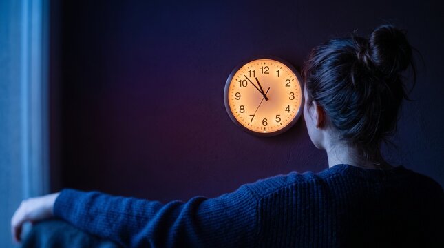 Pensive woman gazing at a clock in low light setting