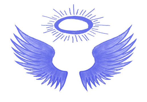 Stylized blue angel wings illustration with a glowing halo on a white background, perfect for spiritual, divine, or fantasy graphic design concepts.