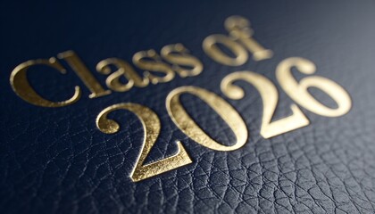 Fototapeta premium Showing navy leather cover with gold foil Class of 2026 embossing, visible grain, directional light
