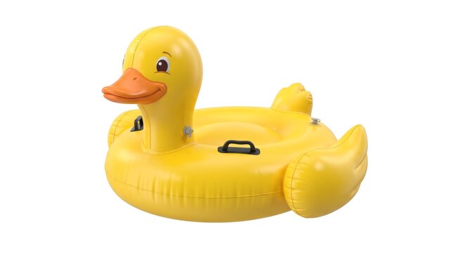Yellow Inflatable Duck Pool Float with Black Handles Isolated on White Background, Fun Summer Water Toy for Kids and Adults