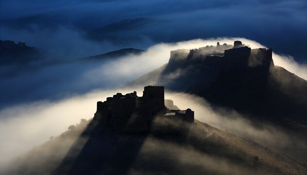 Perching two ruined hilltop forts sitting on ridges in misty valley, casting sunrays and shadows