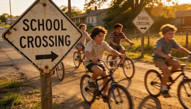Riding four kids, summer-clad, pedaling across dirt road at golden hour, with SCHOOL CROSSING sign