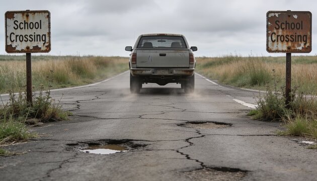Driving pickup truck, kicking dust, passing potholes on rural road, rusted School Crossing signs
