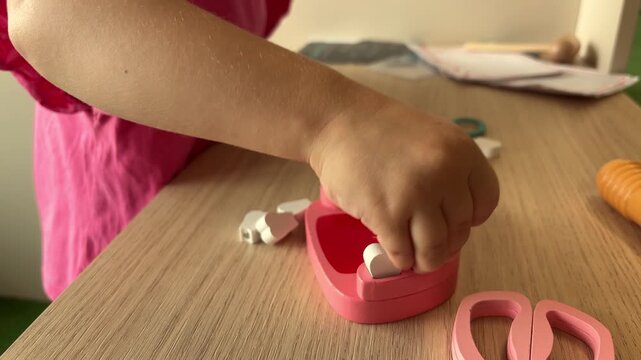 Toddler playing with a wooden dental model learning toy, oral hygiene education, curious childhood, interactive play.