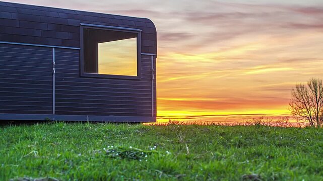 View of a modern cabin in a grassy field at sunset in Latvia.