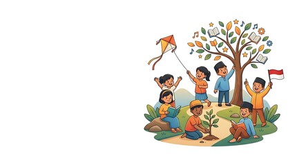 Fototapeta premium Happy Children Holding Hands with Flowers Under a Rainbow Tree Cartoon Vector Illustration for Family Holiday Birthday School and Christmas Celebration Design