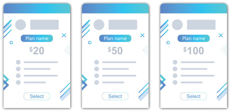 Subscription pricing plan cards with modern UI layout and membership package vector template