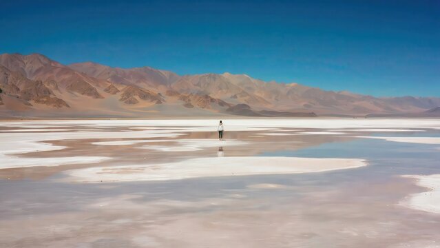 Lone traveler standing on expansive salt flat landscape under clear blue sky, surreal desert vista photography.