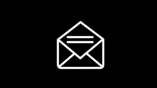 Simple white outline of an open envelope with a letter inside on a black background for email and communication concepts