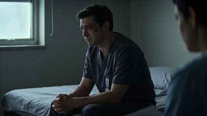 Fototapeta premium Sitting clinician in dark scrubs, clasping hands on bed in clinic, with ID badge and clipboard