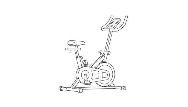 Clean black line sketch drawing of a modern stationary exercise bicycle or fitness indoor bike on a plain white background.