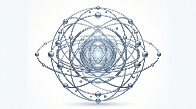 Stylized Atomic Structure with Intersecting Orbits and Electron Spheres in Symmetrical Design Vector