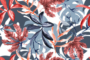 Seamless pattern of palm leaves and monstera tropical plant painted in watercolor.For fabric and wallpaper designs from the forest.Natural Vantage Pattern Background.Red tone. © joy8046