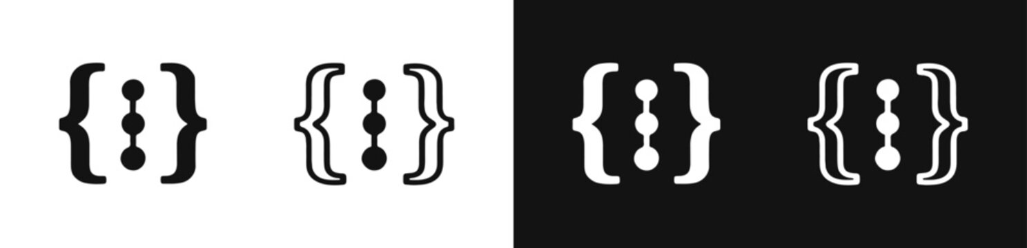 Set of abstract curly bracket icons with center dots in various line and solid styles