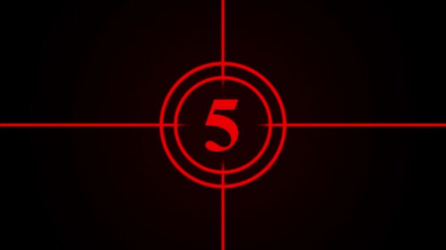 Red countdown leader featuring the number eight centered within concentric circles and intersecting crosshair lines on a black background