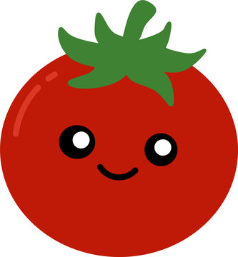 Cute cartoon red tomato character with green leaves and a happy smile