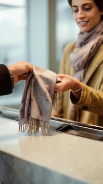 A fashionable woman exchanges a scarf with a customer at a chic store counter, showcasing friendly service. The scene captures warmth, style, and the essence of seasonal shopping experiences