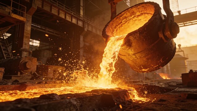 Pouring big ladle tilting, releasing glowing molten metal into foundry trench, gantry overhead