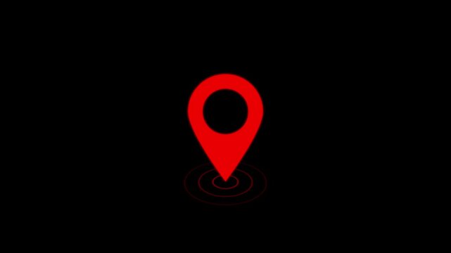 Vibrant red location pin featuring radiating circular waves at the base isolated on a solid black background for digital map and navigation tools