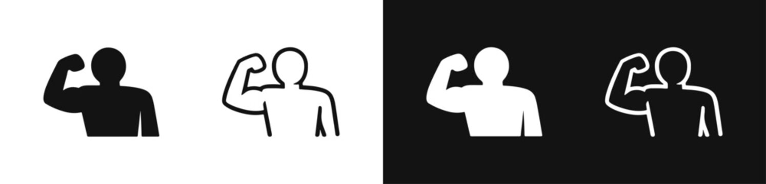 Strong man flexing muscles icon set for fitness