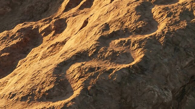 A close-up view of a rugged rocky mountain landscape featuring a distinct natural climbing path diagram etched into the rough stone surface in sunlight