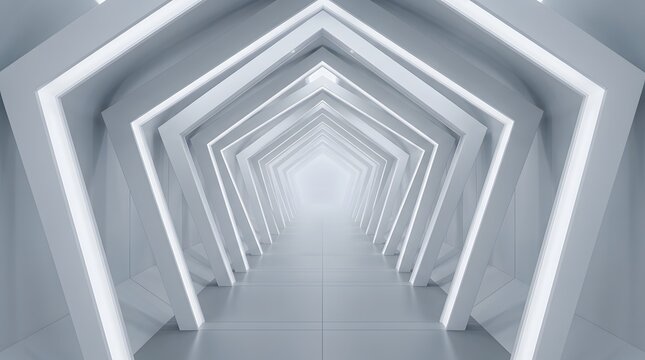 Abstract futuristic corridor with pentagonal glowing light frames leading to a bright white vanishing point