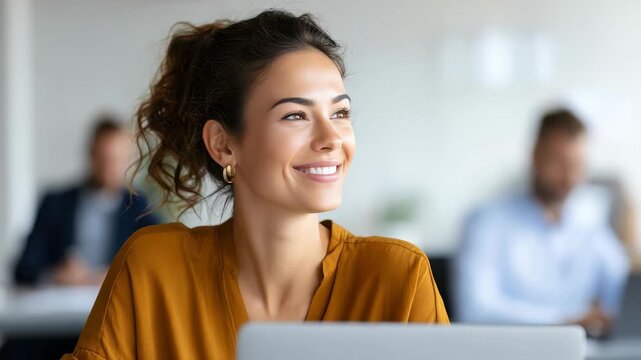 A cheerful female professional sits at her workspace, radiating confidence and ambition in a contemporary office setting. Her optimistic demeanor reflects success and career growth