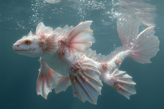 creature of ai, albino merman fish with pink fins swimming in clear turquoise water, gray, photorealistic