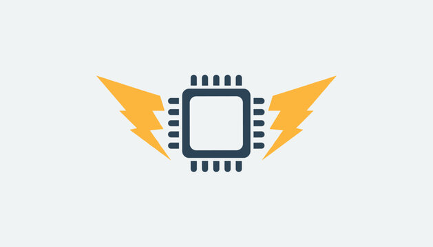 Central processing unit icon with lightning bolts resembling wings, symbolizing high-speed computation and powerful performance.