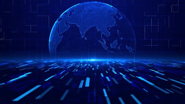 Futuristic earth data stream visual blue globe, luminous horizon flare, moving rectangular particles, deep digital grid. for telecom clips, cloud services, AI intros, global motion graphics.