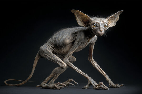 creature of ai, chupacabra, thin hairless alien humanoid with very large ears and eyes, long limbs, full body portrait, black charcoal, photorealistic