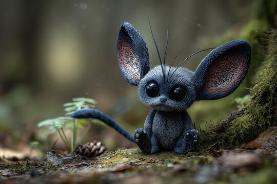 creature of ai, chupacabra, tiny dark alien with large ears, long tail and huge eyes in a forest, charcoal brown, photorealistic