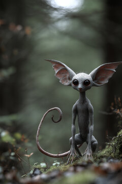 creature of ai, chupacabra, tiny dark alien with large ears, long tail and huge eyes in a forest, charcoal, photorealistic