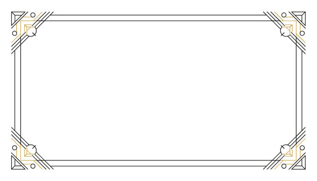 Elegant art deco border frame with geometric corners in black and gold lines, suitable for vintage invitations and certificates.