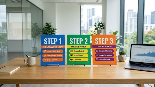 Business Strategy Steps Displayed on Office Desk with Laptop.