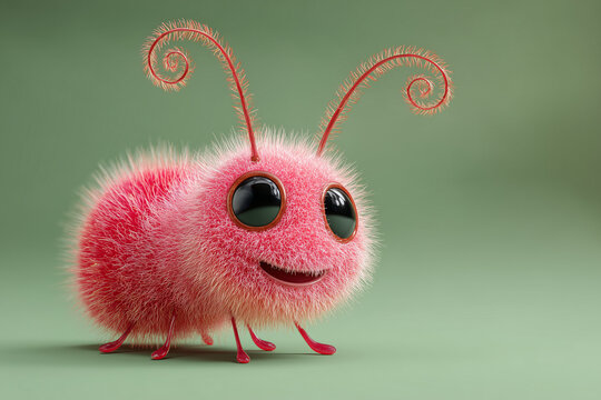creature of ai, cute furry pink bug with large eyes and curled antennae, green background, gray, photorealistic